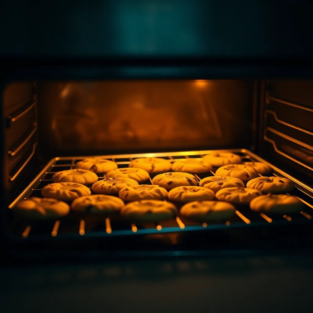 A cozy kitchen scene with a warm, golden batch of cookies fresh out of the oven, exuding a sweet aroma.