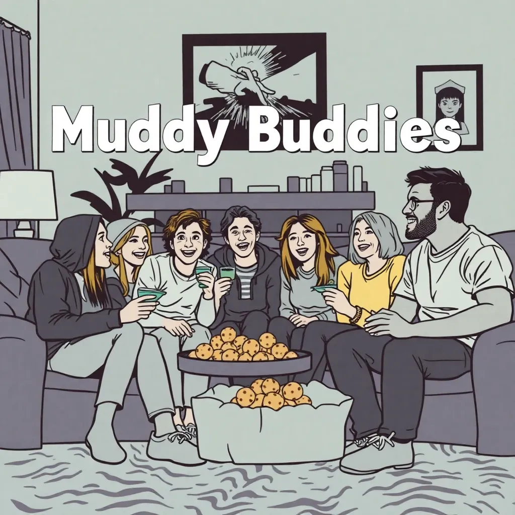 A group of friends enjoying Muddy Buddies in a cozy living room during a movie night.