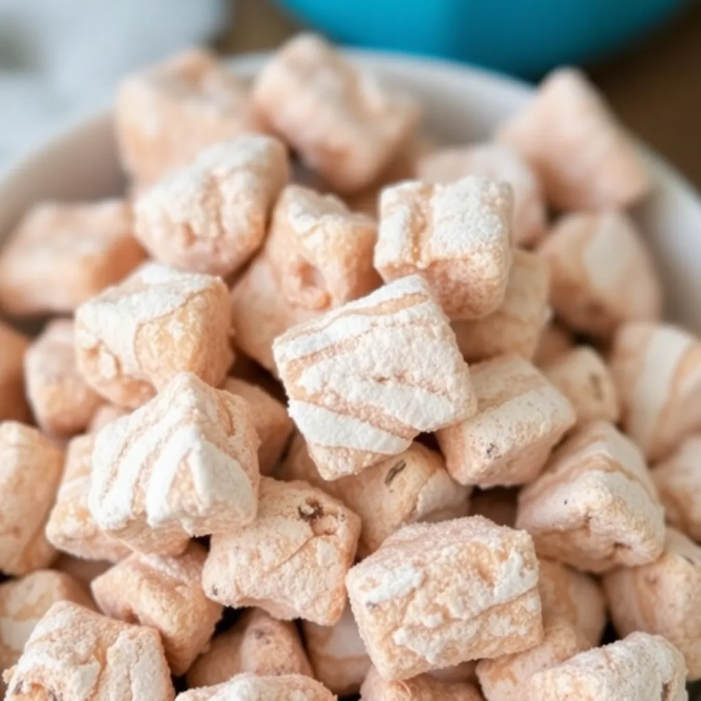 A close-up shot of a bowl filled with Muddy Buddies, showcasing the powdered sugar coating.