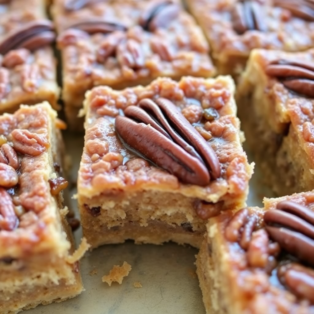 Pecan pie bars with a nutty topping and golden crust.