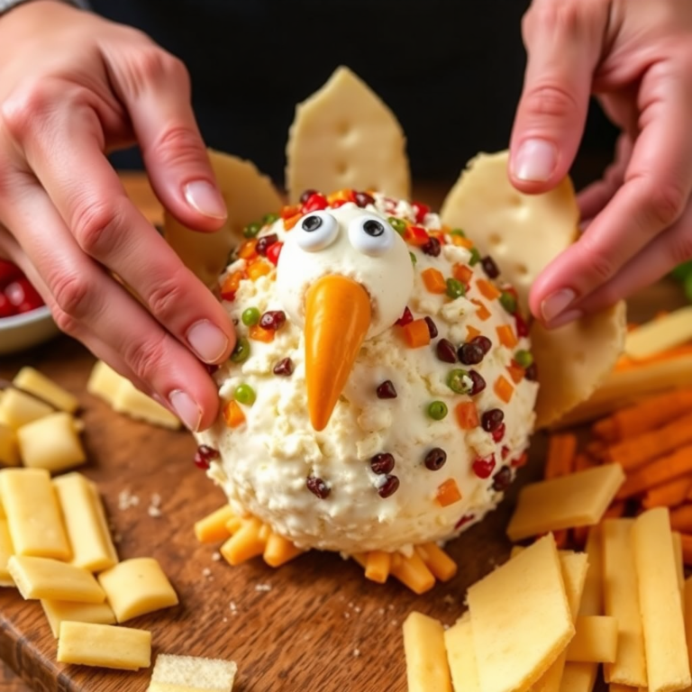 A close-up of hands shaping a cheese ball into a turkey with fun toppings.