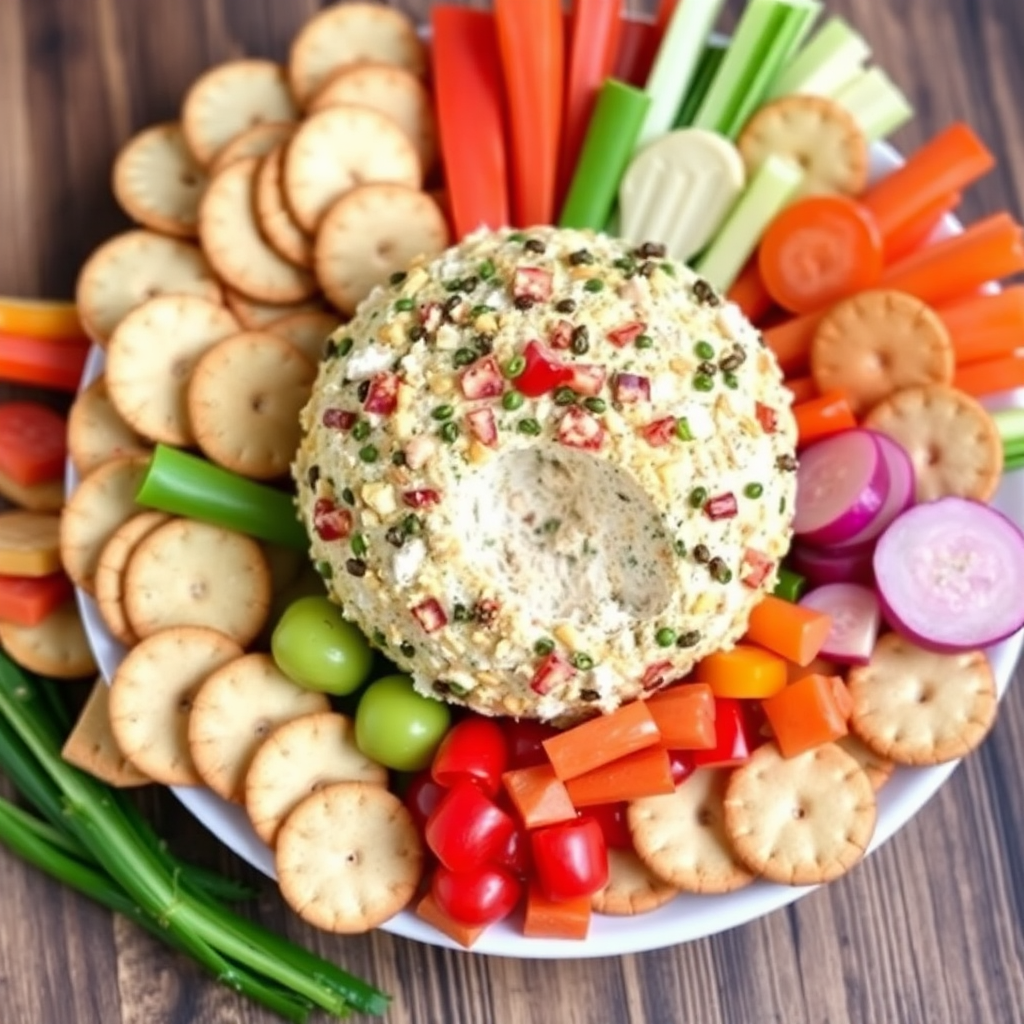 A vibrant image of a Turkey Cheese Ball surrounded by crackers and colorful vegetables.