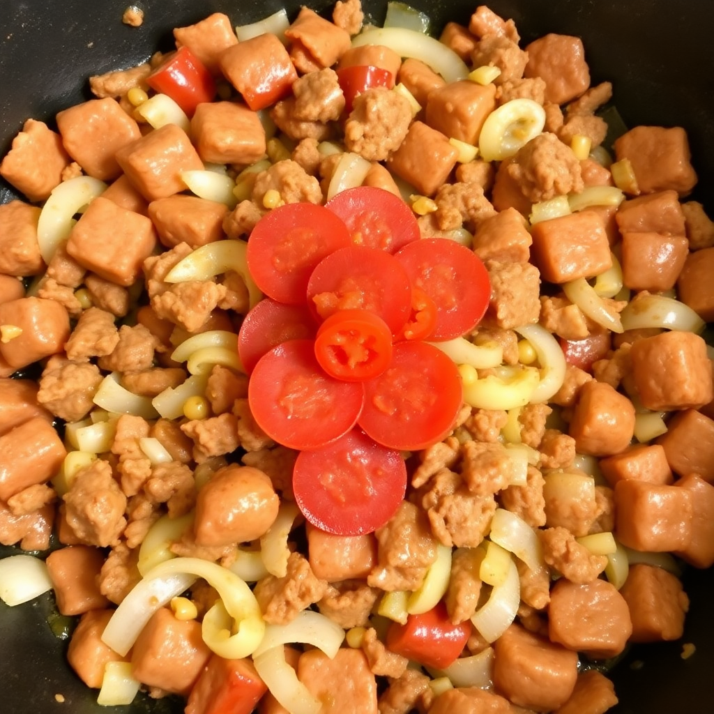 A skillet filled with sautéing beef, sausage, and onions, with pepperoni sizzling on top.