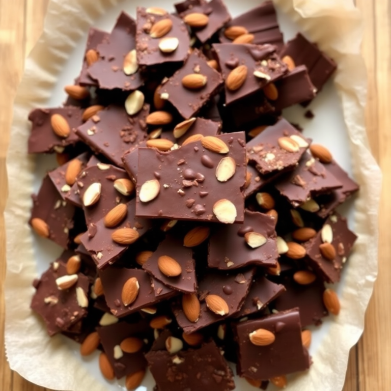 A serving platter filled with broken pieces of chocolate almond brittle