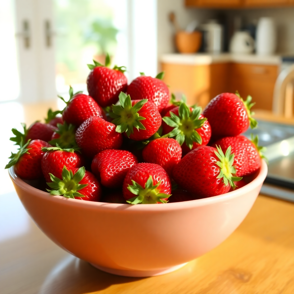 A bowl of fresh strawberries on a kitchen table, glistening under natural light.