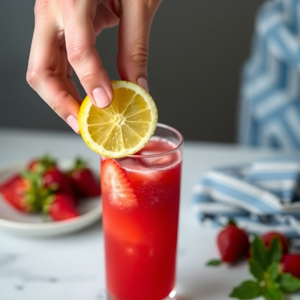 A hand squeezing a lemon over a glass of freshly made strawberry juice.