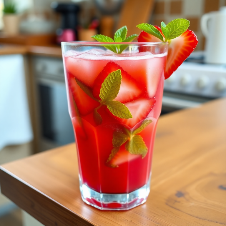 A refreshing glass of strawberry juice garnished with mint leaves, sitting on a wooden kitchen counter.