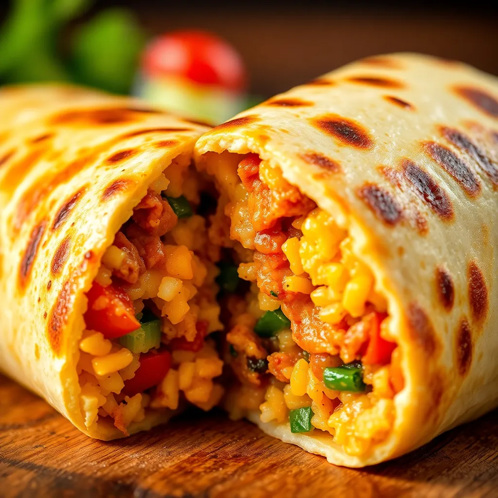 A vibrant, close-up shot of a grilled cheese burrito sliced open to reveal a colorful filling of meat, rice, and vegetables.