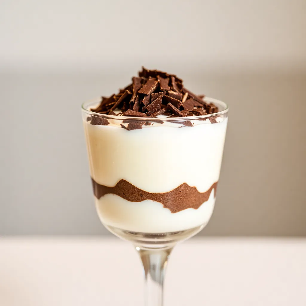 A layered mousse dessert topped with chocolate shavings in a glass.