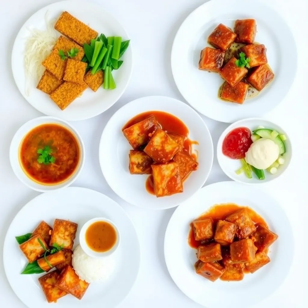 A variety of Tahu Goreng dishes, including Tahu Isi and Tahu Gejrot, each with unique sauces and accompaniments.