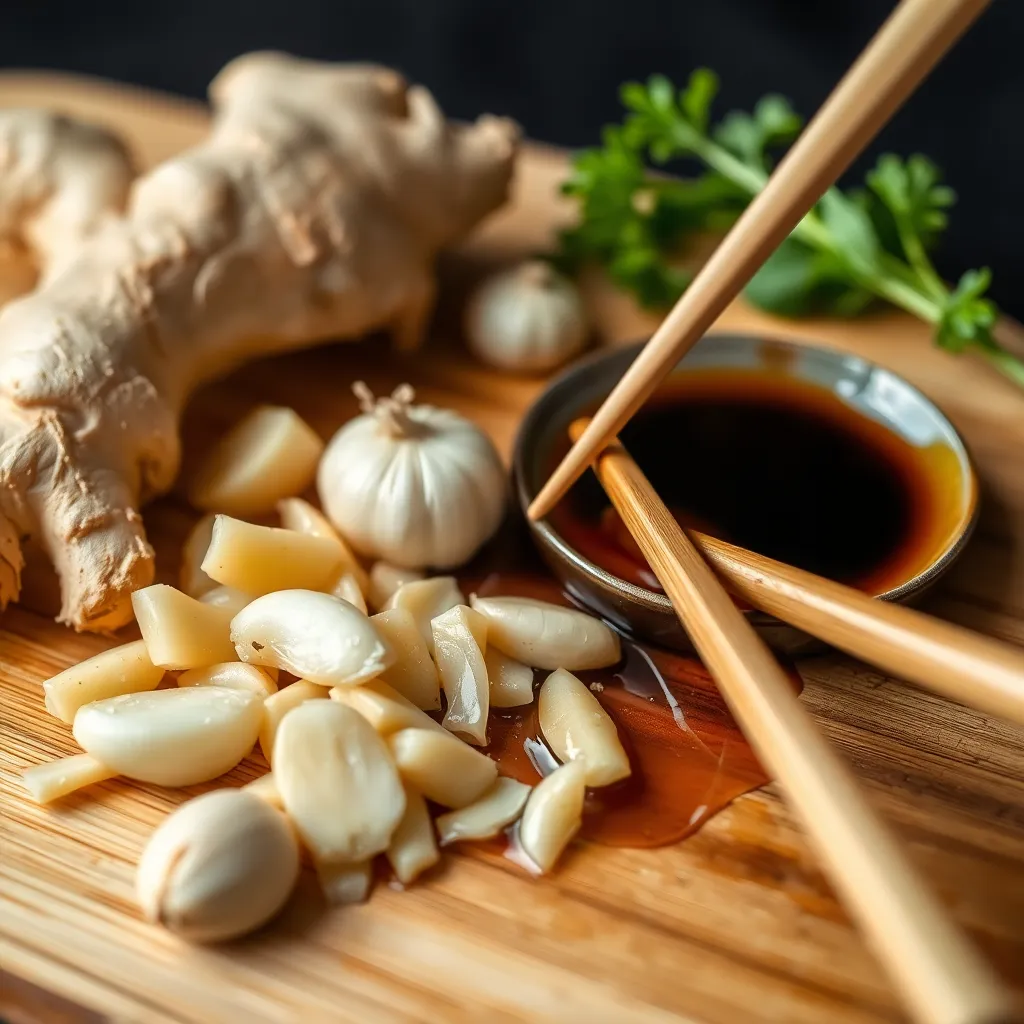 A colorful spread of Asian dishes including sushi, dumplings, and stir-fried vegetables on a bamboo mat.