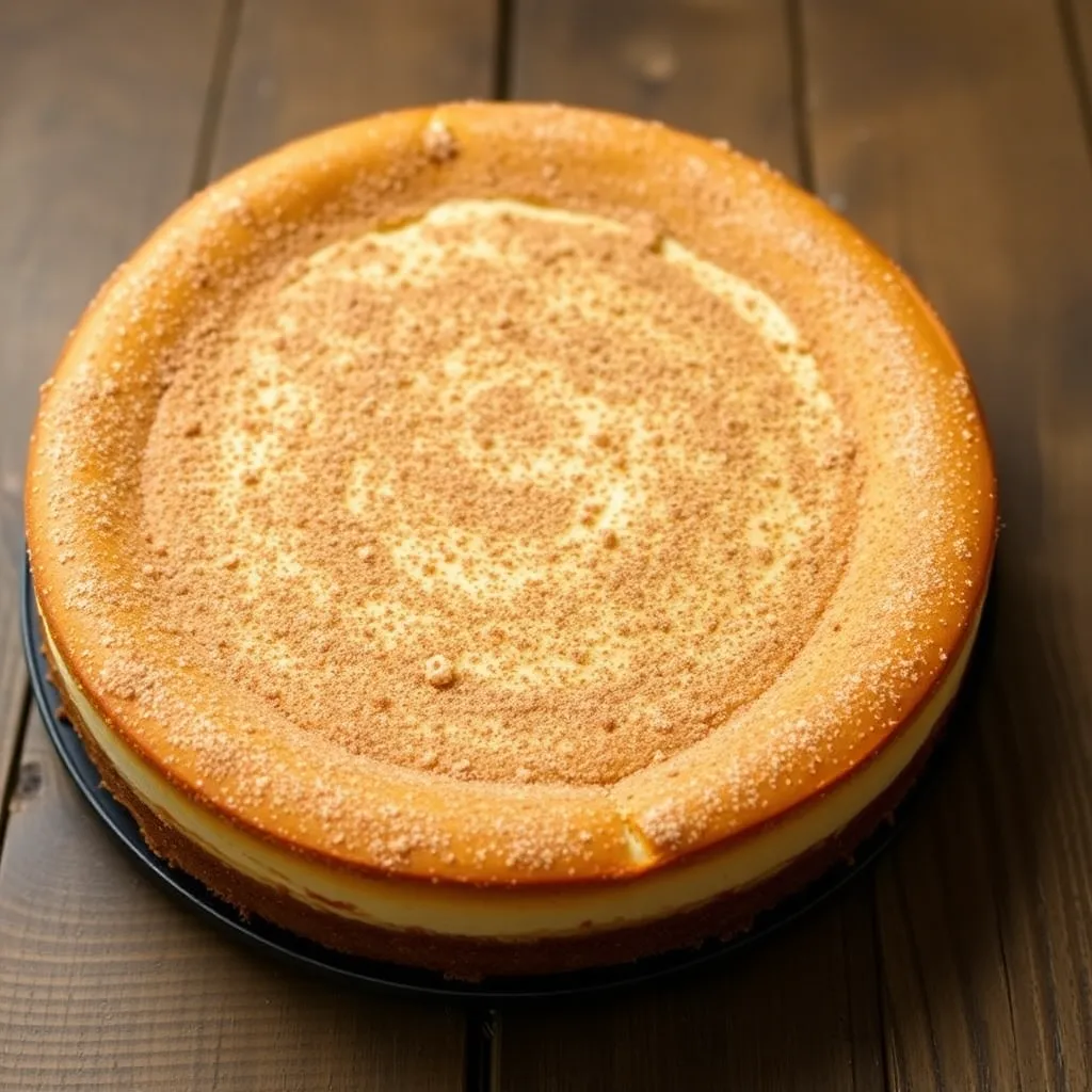 A beautifully baked churro cheesecake dusted with cinnamon and sugar, resting on a rustic wooden table.