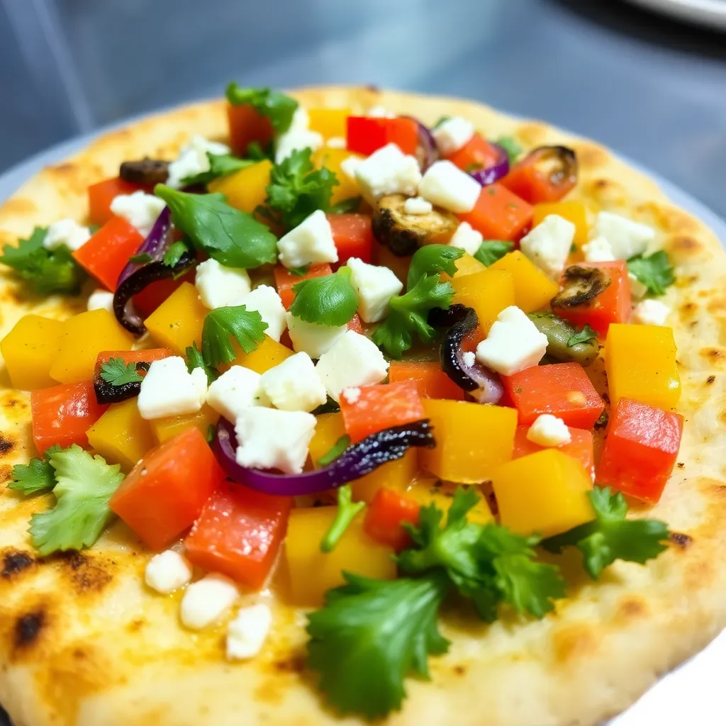 A vibrant flatbread topped with colorful vegetables and cheese, freshly baked to golden perfection.