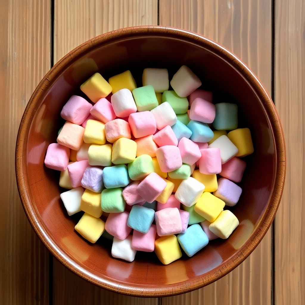 A bowl filled with colorful mini marshmallows on a rustic wooden table.