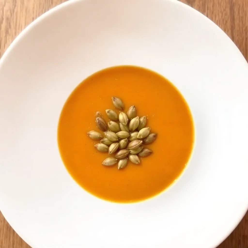 A bowl of steaming pumpkin soup garnished with roasted pumpkin seeds.