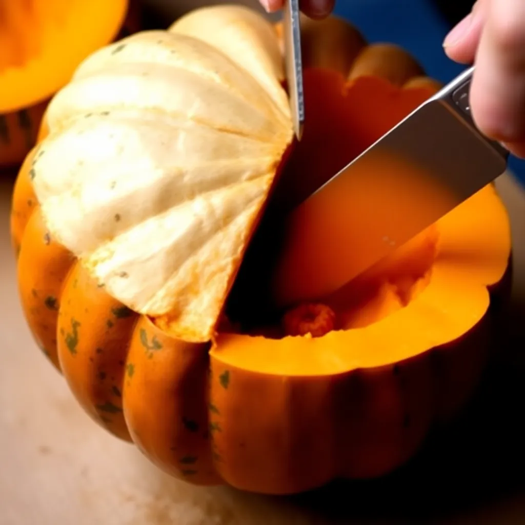 A fresh pumpkin being cut open to reveal the bright orange flesh inside.