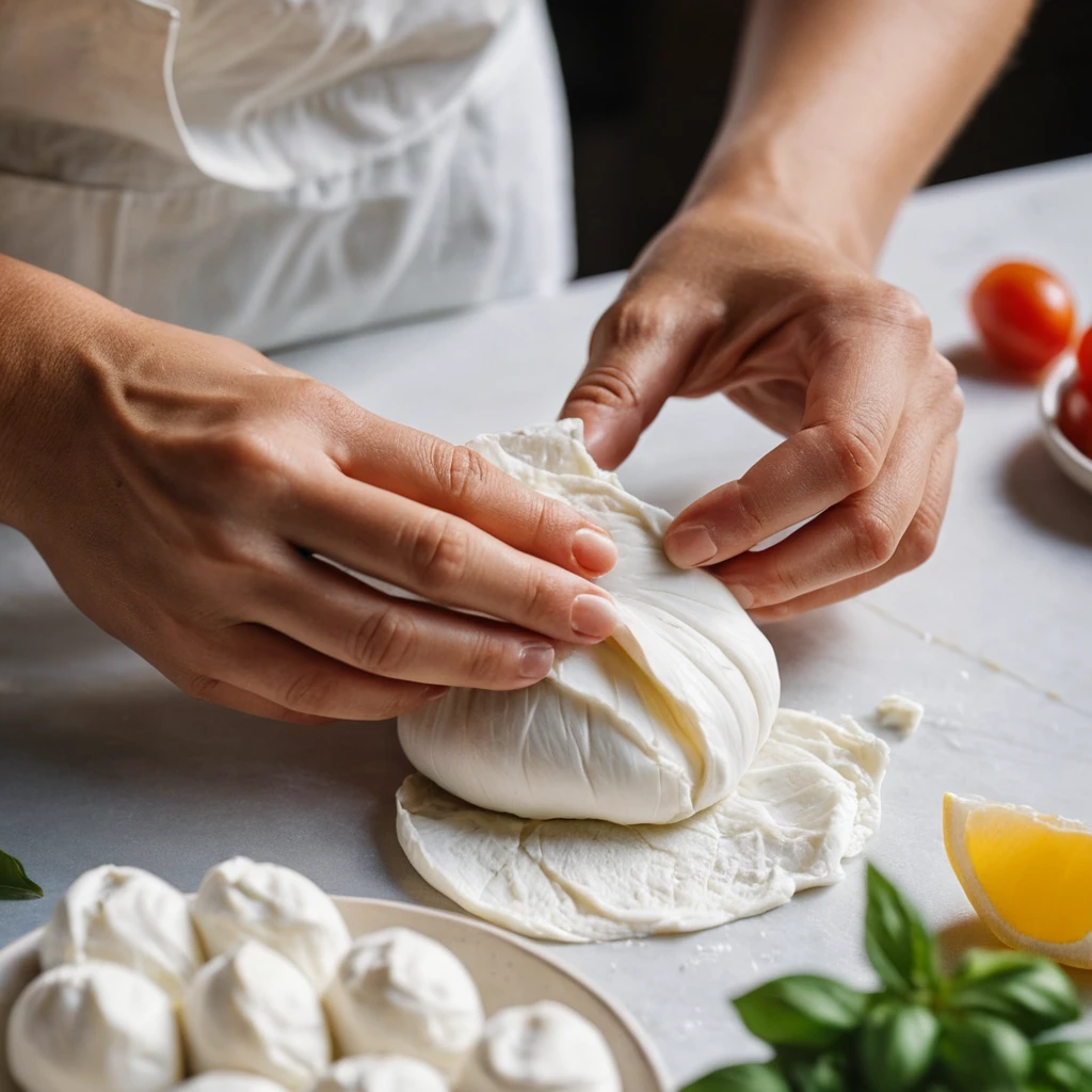 A close-up of hands delicately sealing burrata, capturing the folding and twisting process.