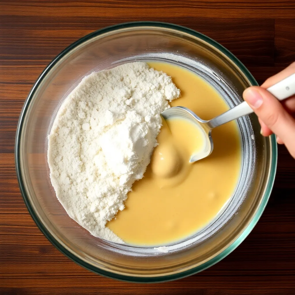 Depict the process of gently mixing dry and wet ingredients in a large mixing bowl.