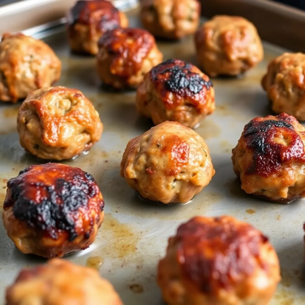 A close-up photo of beautifully browned meatballs fresh out of the oven on a baking sheet.