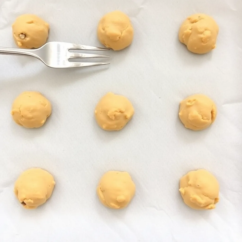 A baking sheet lined with parchment paper, showcasing cookie dough balls pressed with a fork.