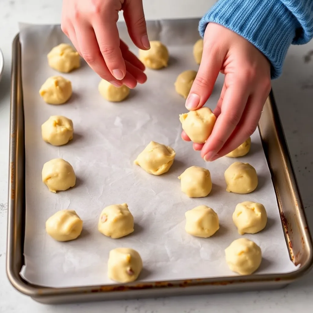 Close-up of hands shaping sugar cookie dough into small balls on a baking tray lined with parchment paper.