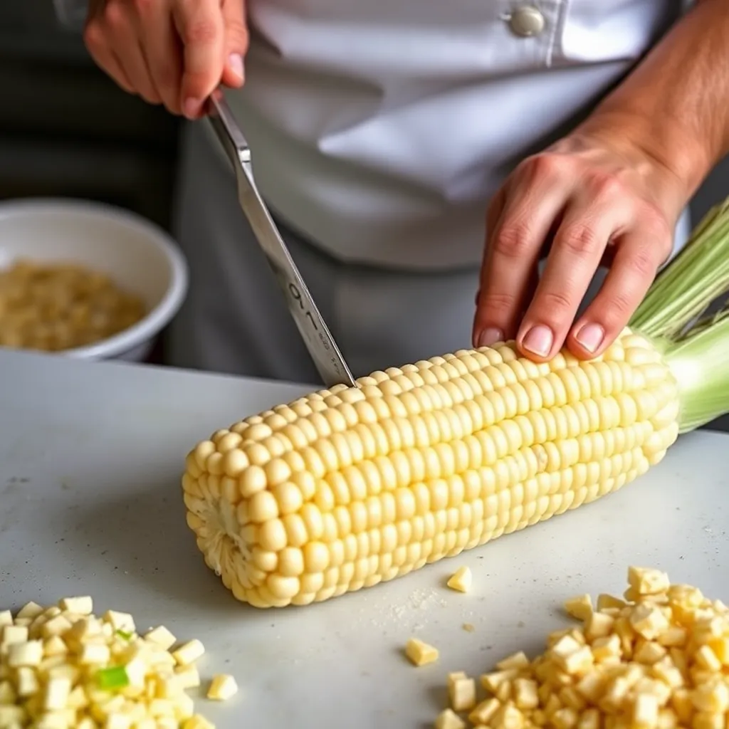 A chef skillfully slicing kernels off a fresh ear of corn.