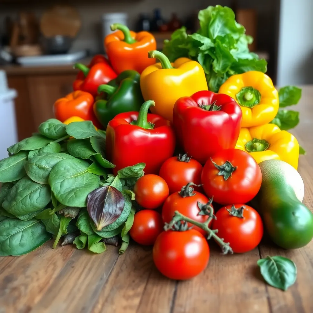 Visualize a colorful array of fresh vegetables including bell peppers, spinach, and tomatoes arranged on a rustic kitchen table.