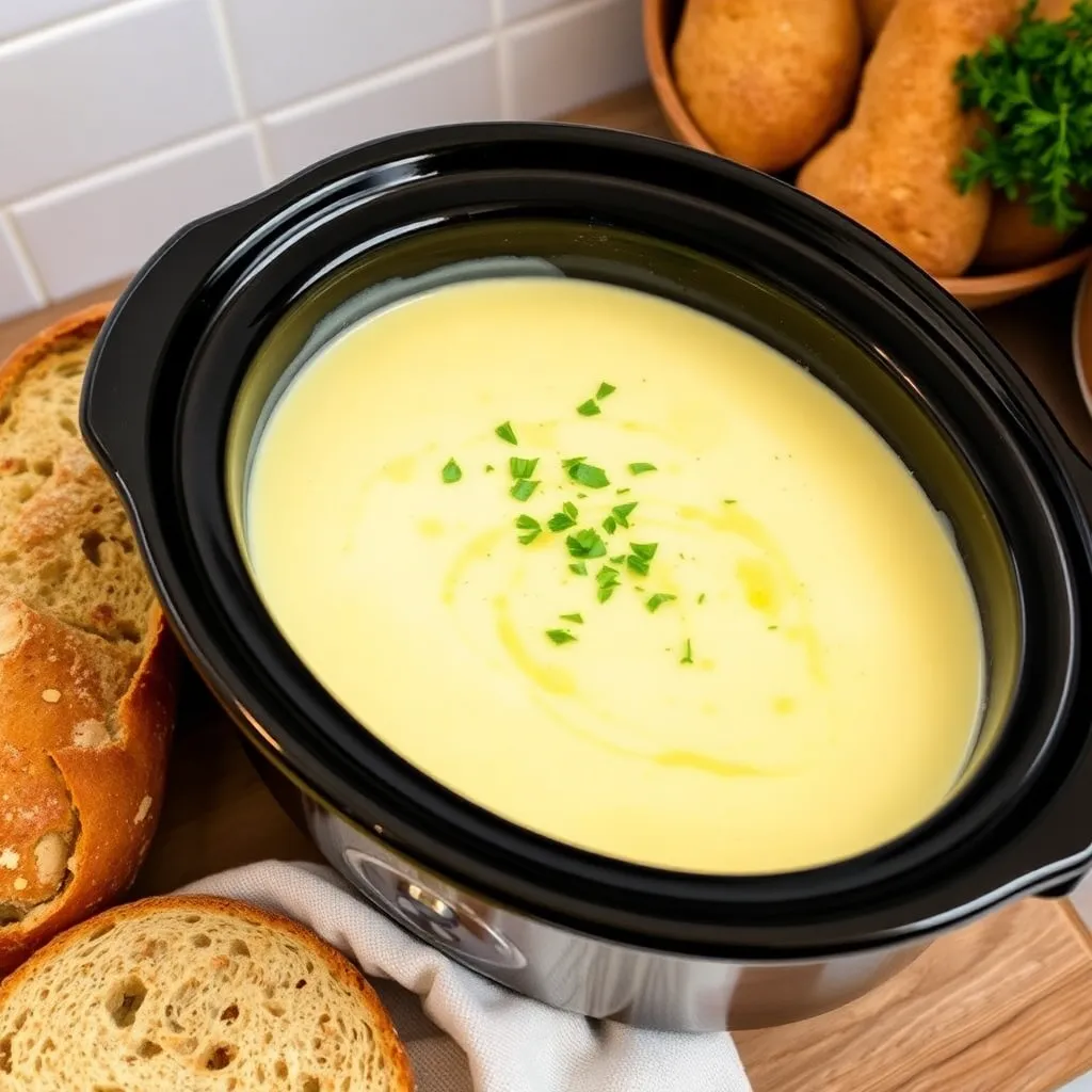 A cozy kitchen setting with a slow cooker filled with a creamy potato soup, garnished with fresh herbs and paired with a loaf of rustic bread.