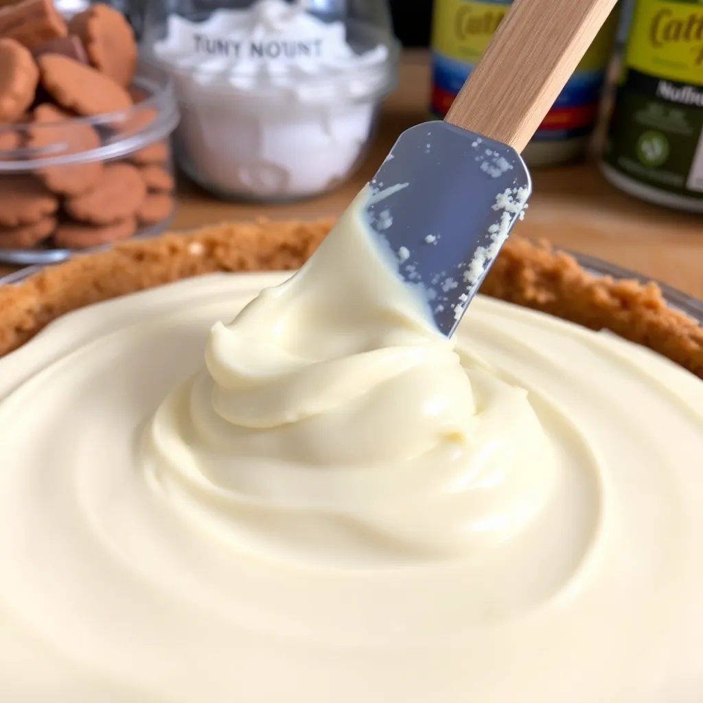 A close-up of creamy cheesecake filling being spread over a cinnamon-sugar crust, with ingredients visible in the background.