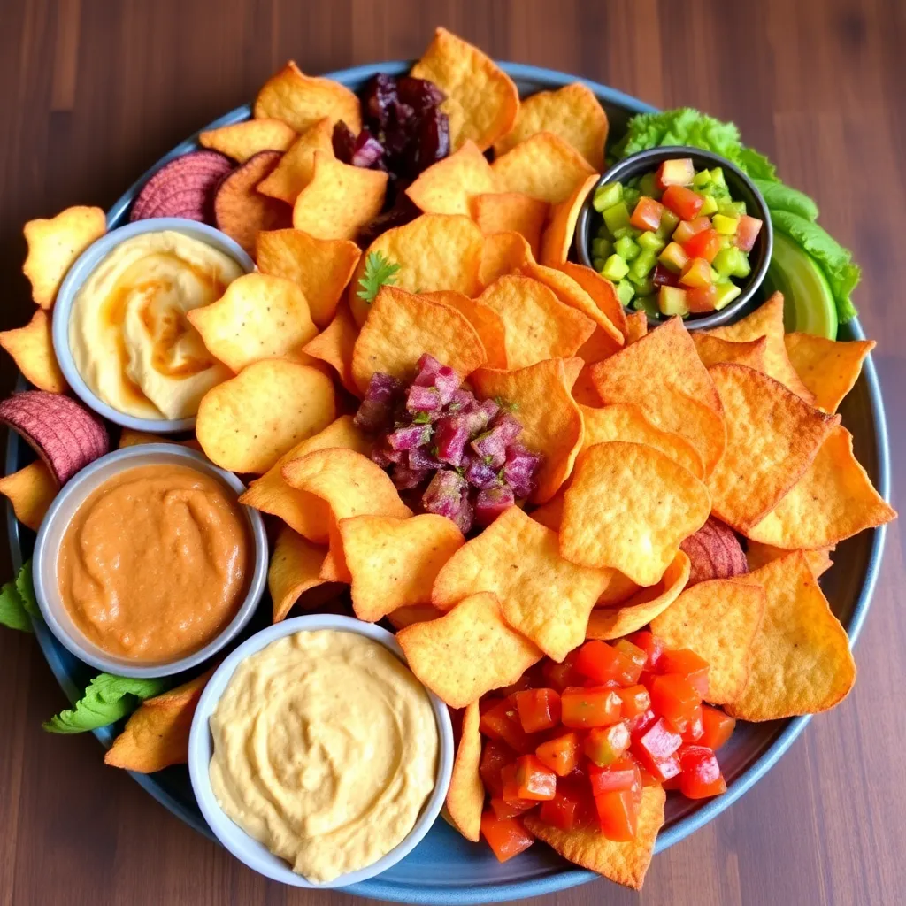 A colorful platter of cottage cheese chips served with various dips like hummus, guacamole, and salsa.