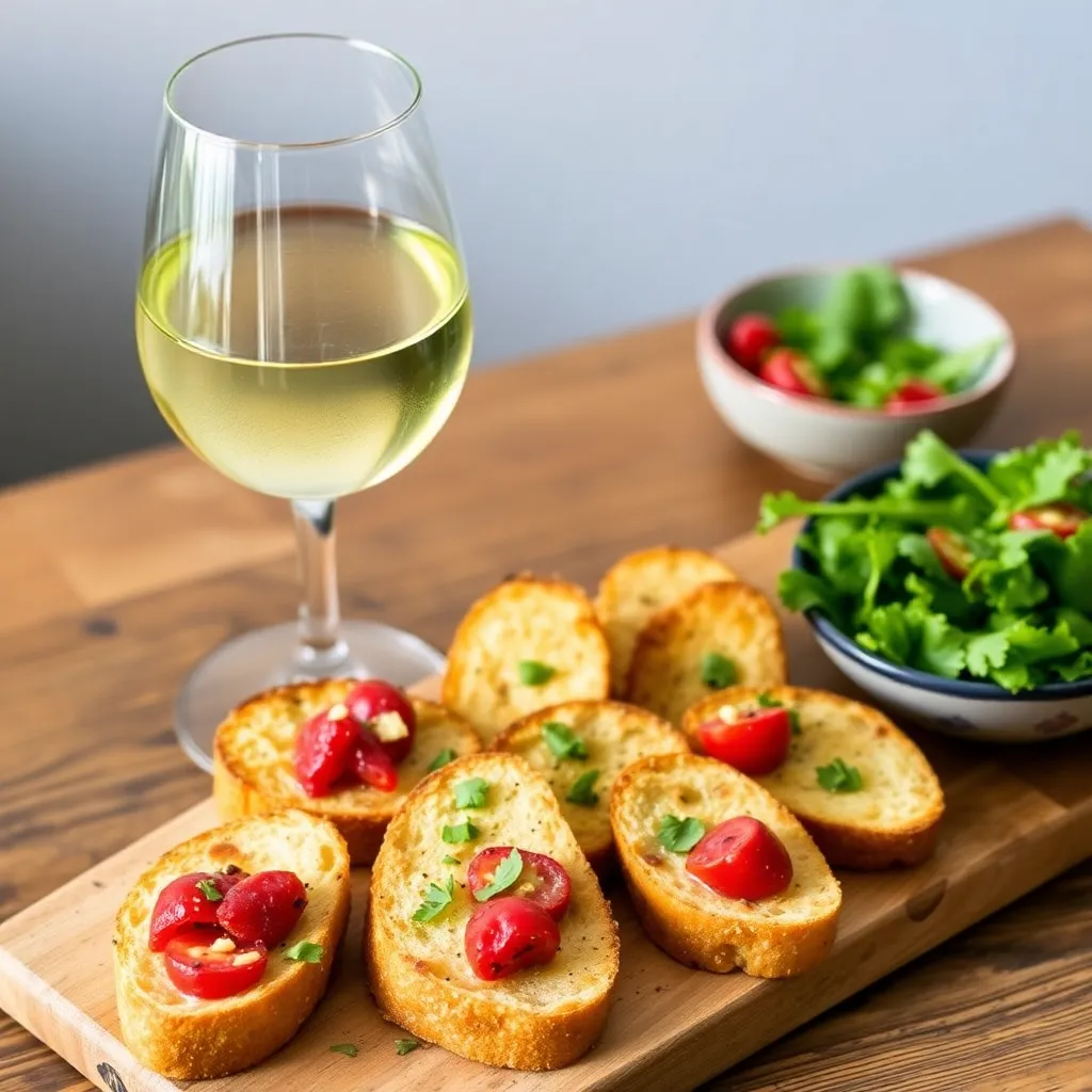 A platter of crostini served alongside a glass of white wine and a small bowl of mixed greens.