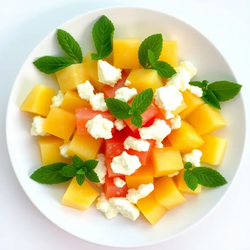 A beautifully arranged fruit salad with cubes of yellow watermelon, mint leaves, and feta cheese on a white plate.