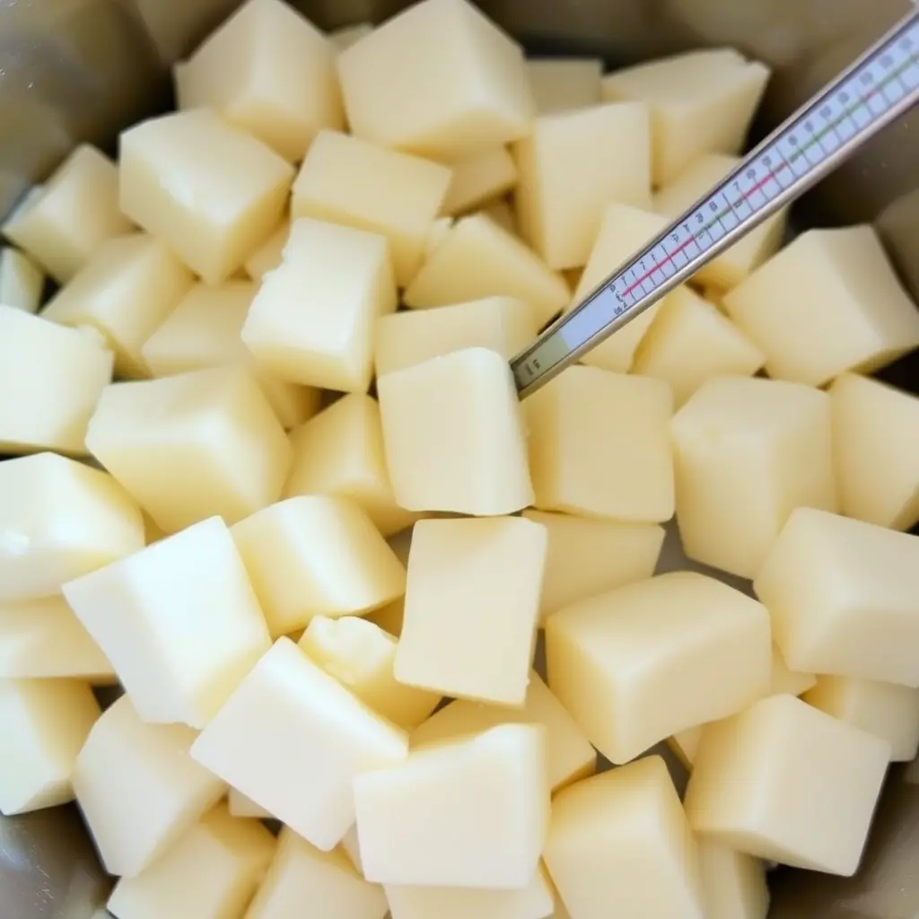 A close-up of freshly cut cheese curds in a pot, with a thermometer indicating temperature.