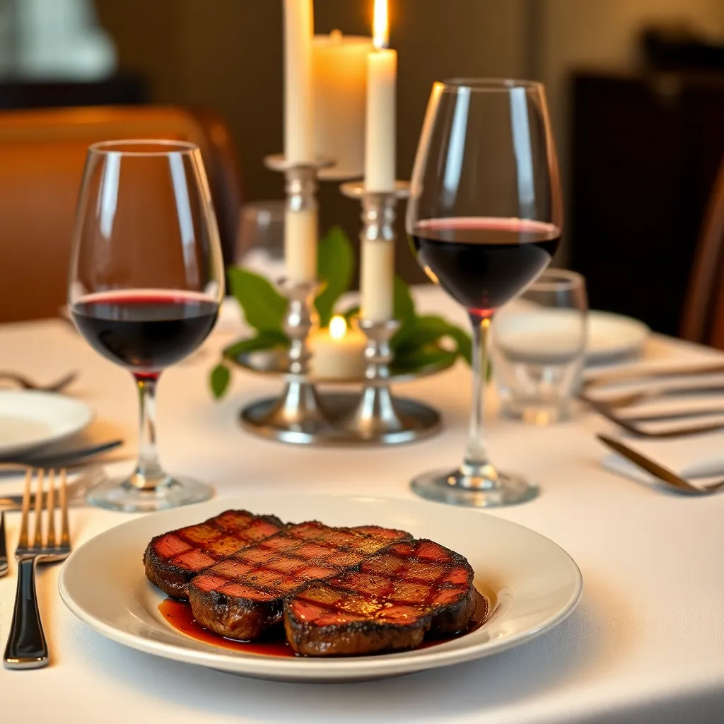 Elegant table setting with steak, wine, and candlelight.