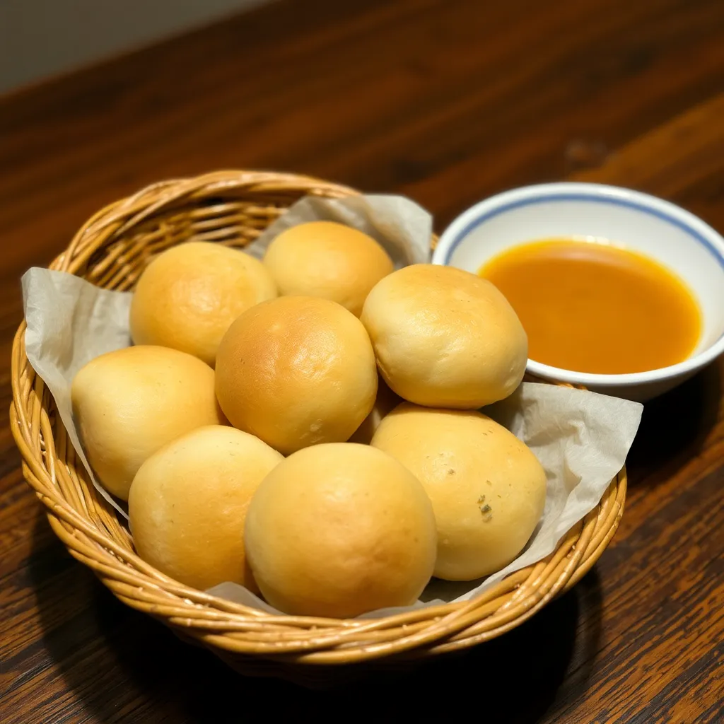 A basket filled with rolls next to a bowl of soup