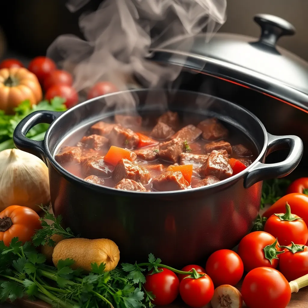 A heartwarming scene of a steaming Dutch oven with beef stew, surrounded by fresh vegetables and herbs.