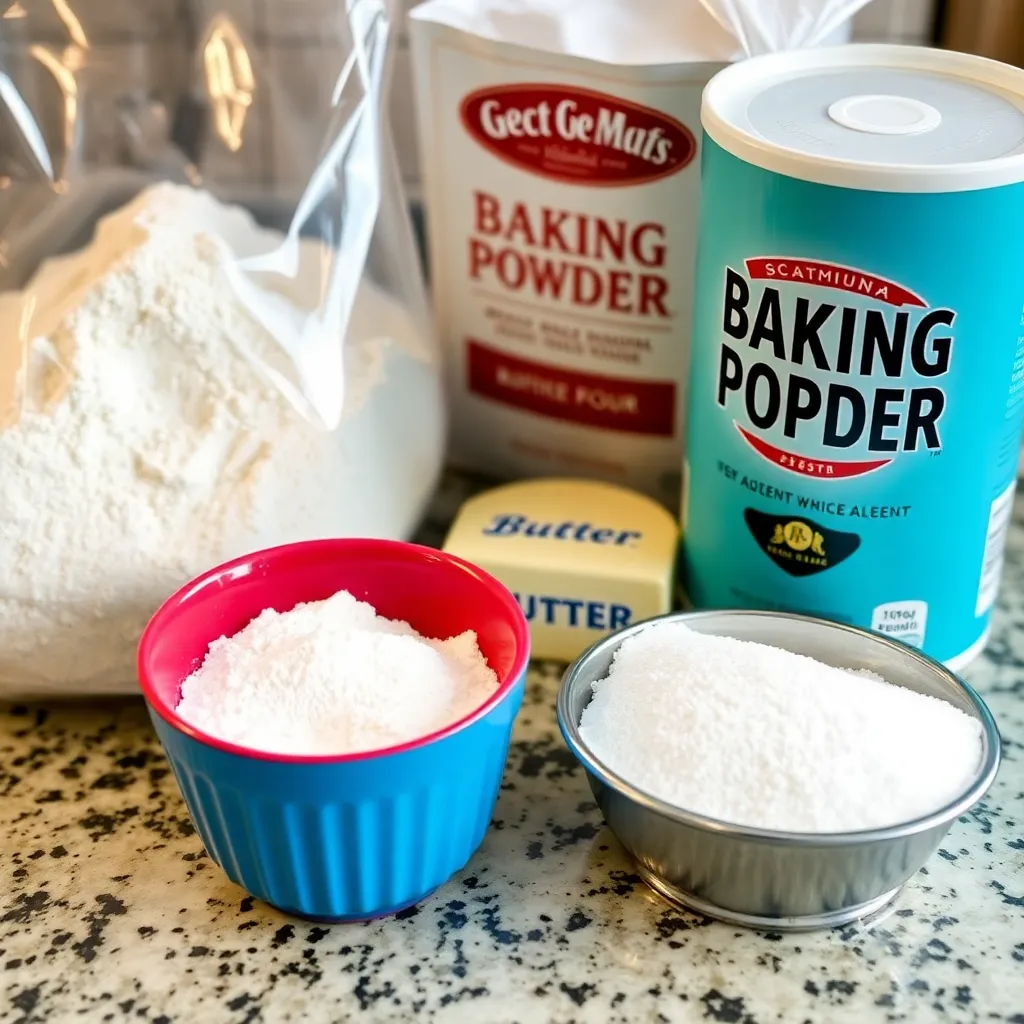 A close-up of the necessary ingredients spread out on a kitchen counter, showcasing flour, baking powder, butter, and sugar.