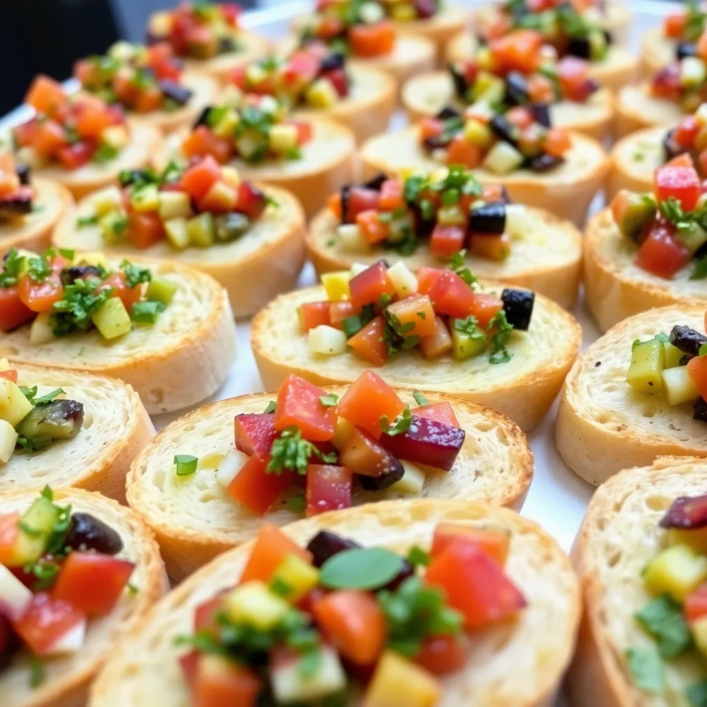 A close-up view of a platter filled with neatly arranged crostini, showcasing the colorful mix of ingredients on each slice.