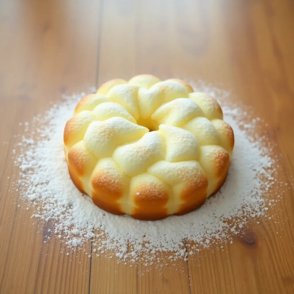 Picture a beautifully baked cloud cake on a wooden table, surrounded by a light dusting of powdered sugar.