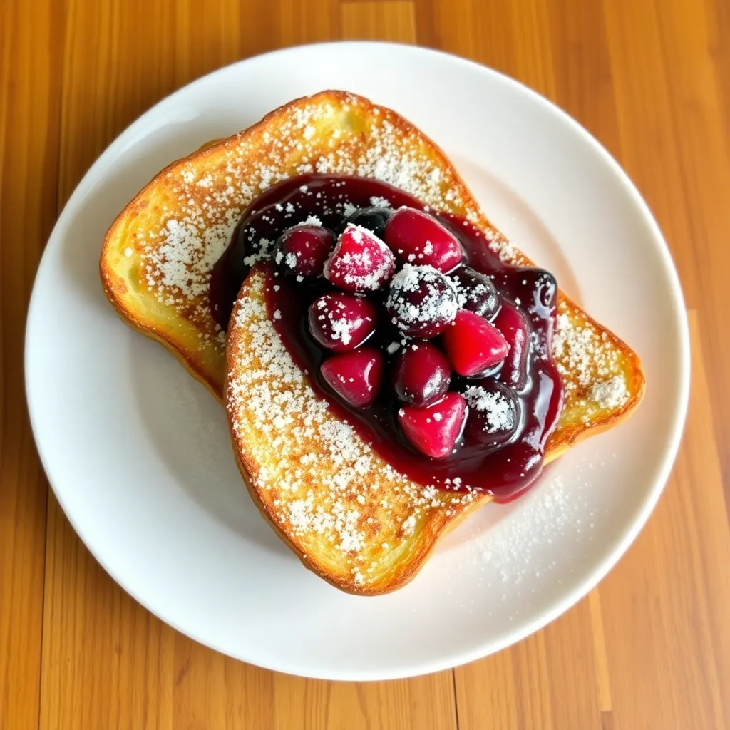 A plate of French toast, golden and crispy, topped with a vibrant berry compote and a dusting of powdered sugar.