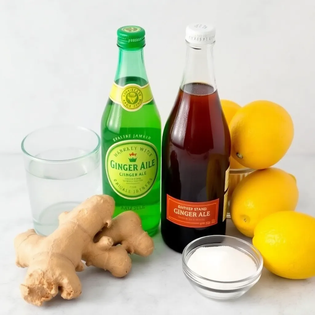 A collection of ingredients for ginger ale, including ginger root, lemons, a bottle of sparkling water, and a small bowl of sugar.