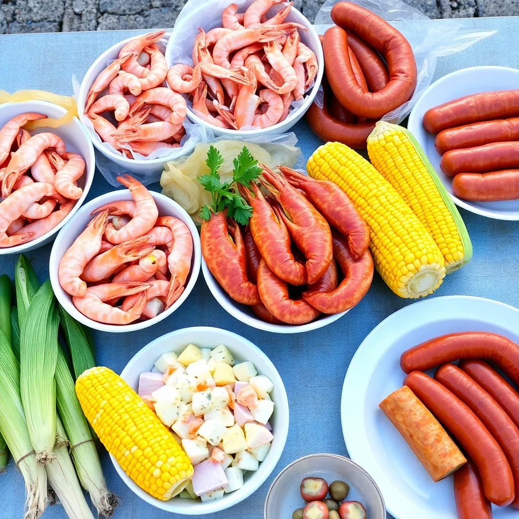 A colorful table filled with fresh ingredients for a seafood boil, including shrimp, crab legs, corn, and sausages