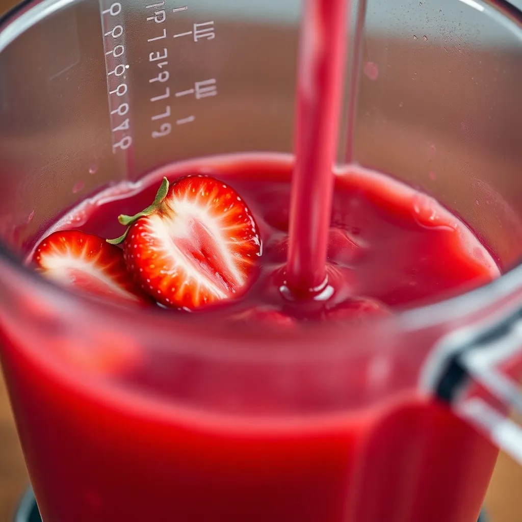 A close-up of strawberries being blended into a rich, red liquid inside a glass blender.