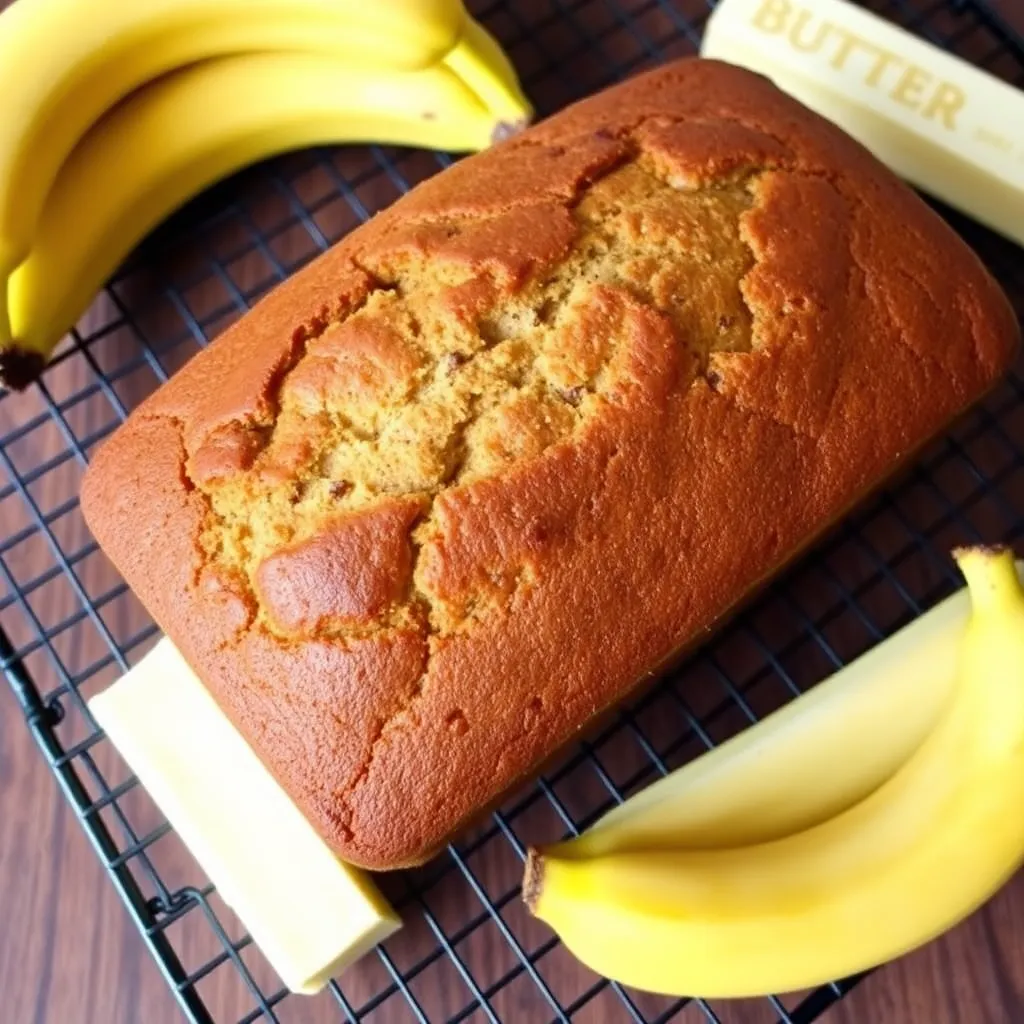 A freshly baked loaf of banana bread with a golden crust resting on a cooling rack, surrounded by ripe bananas and a stick of butter.