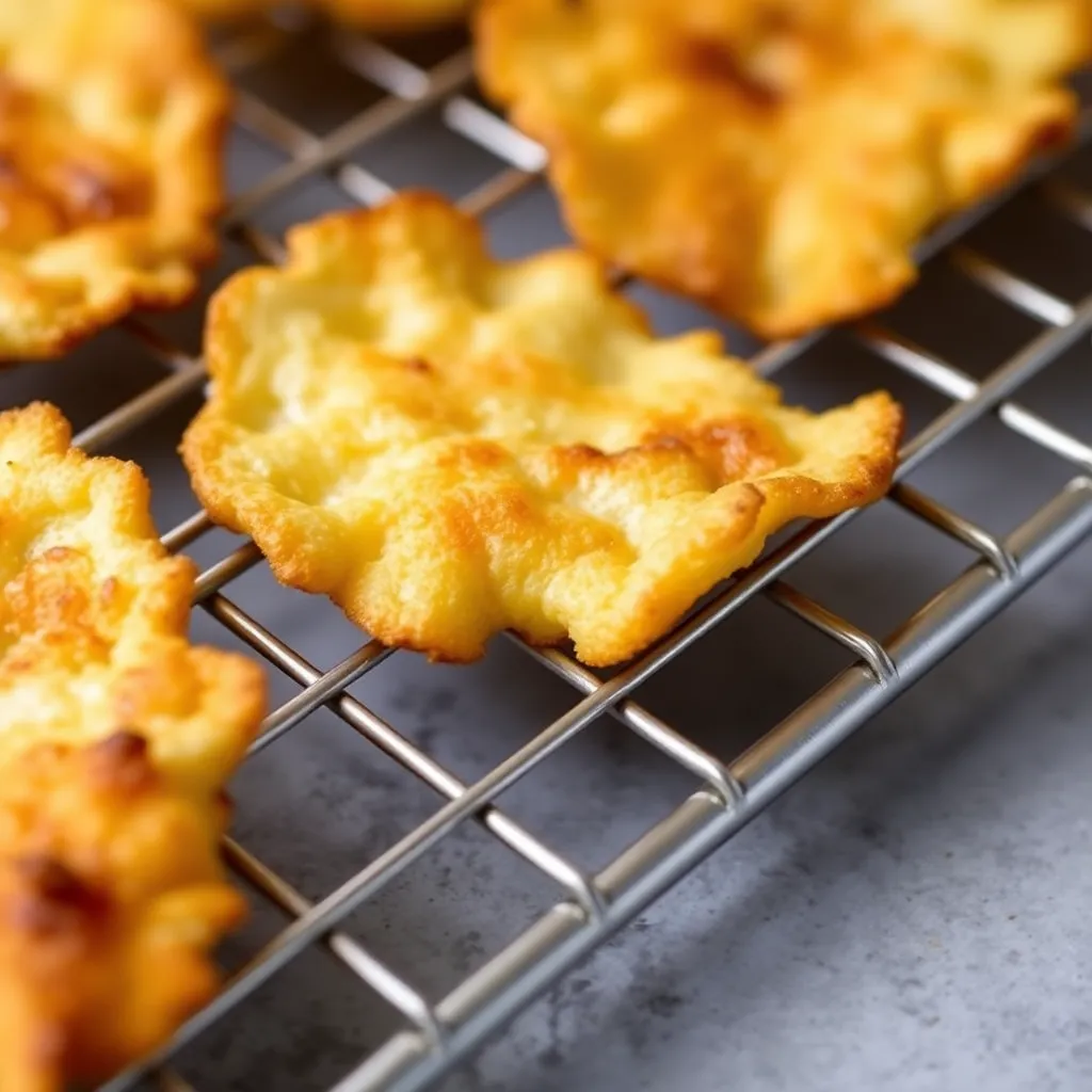 A close-up shot of golden-brown cottage cheese chips cooling on a wire rack.