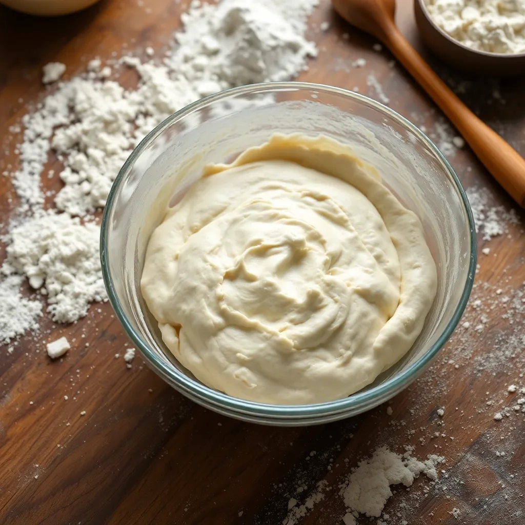 Freshly mixed flatbread dough in a bowl with a wooden spoon and scattered flour.