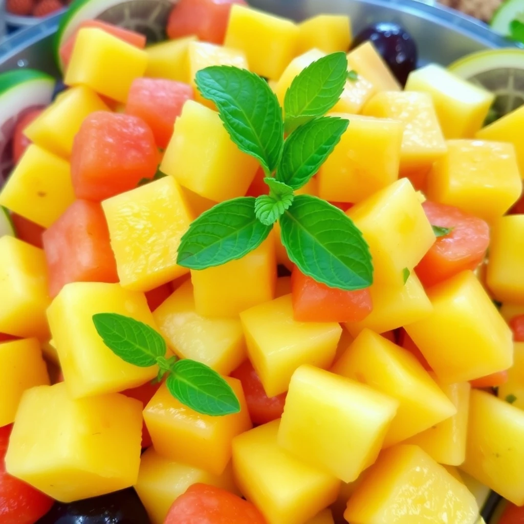 A colorful fruit salad featuring yellow watermelon cubes, garnished with mint leaves and surrounded by other fruits.