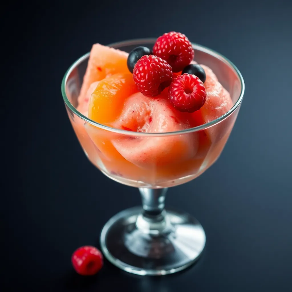 A vibrant fruit sorbet in a glass dish, decorated with fresh berries.