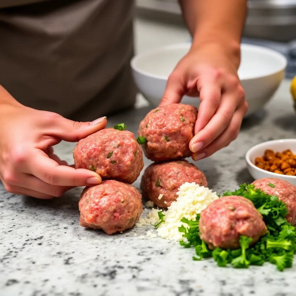 A close-up image of hands forming meatballs with gluten-free ingredients on a kitchen counter.