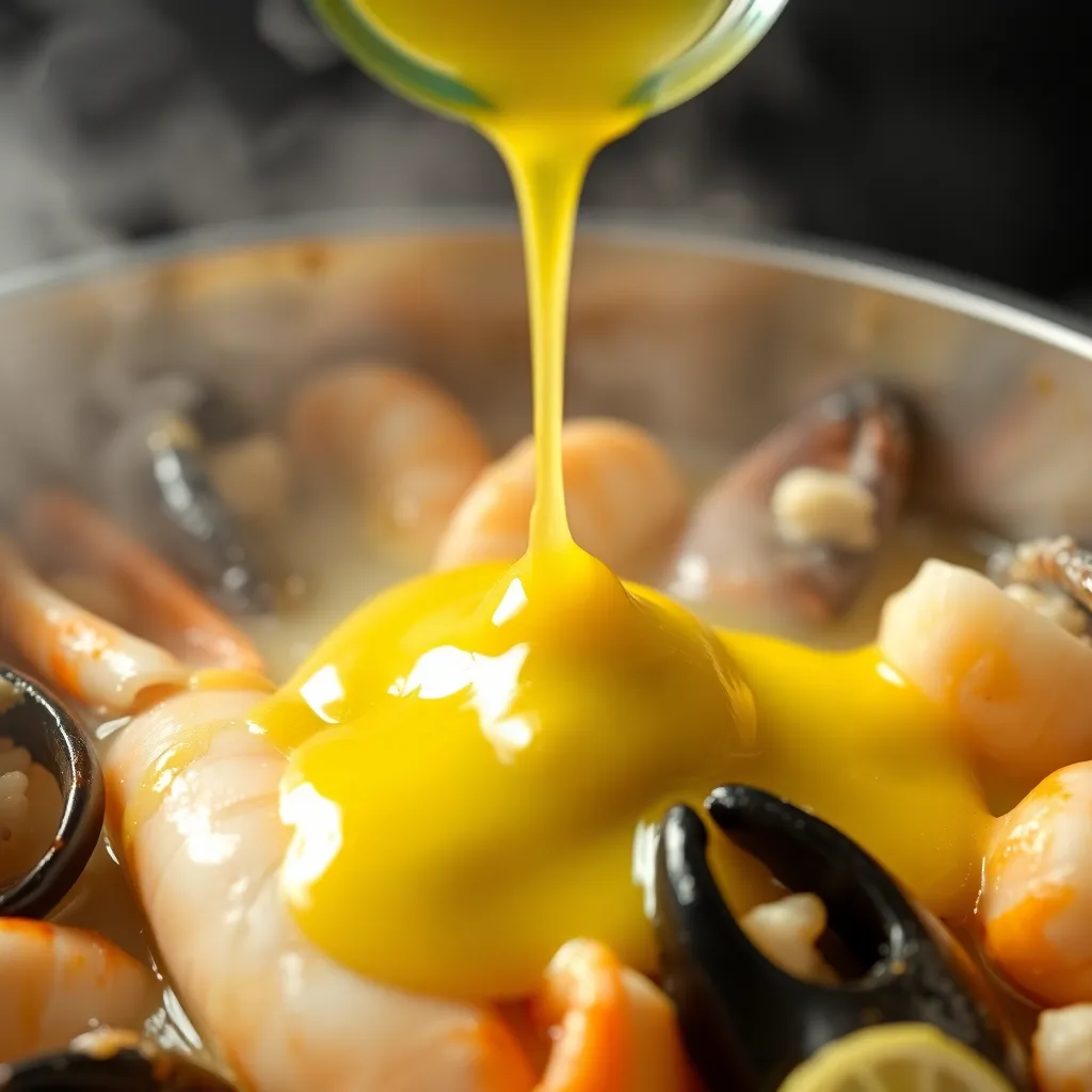 Captivating close-up of garlic butter sauce being poured over the steaming seafood boil in a pot.